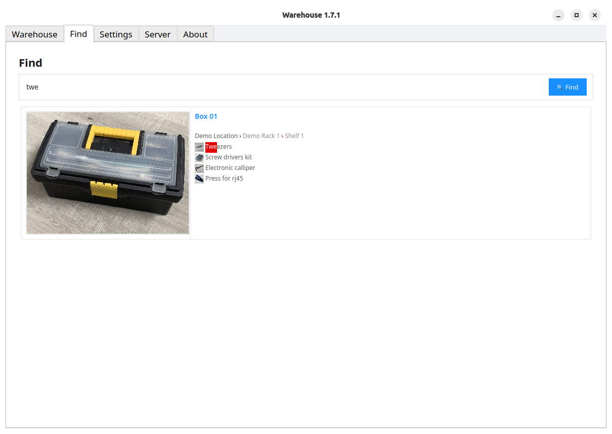 Find tab and search results
